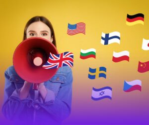 Woman using a megaphone with flags flying around