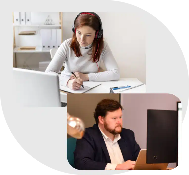 bio tech translation specialist sitting at desk in My Language Connection Office.